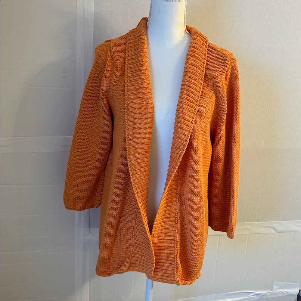 Chicos Womens Spread Collar Open Front Heavy Knit Orange Cardigan. Sz 3